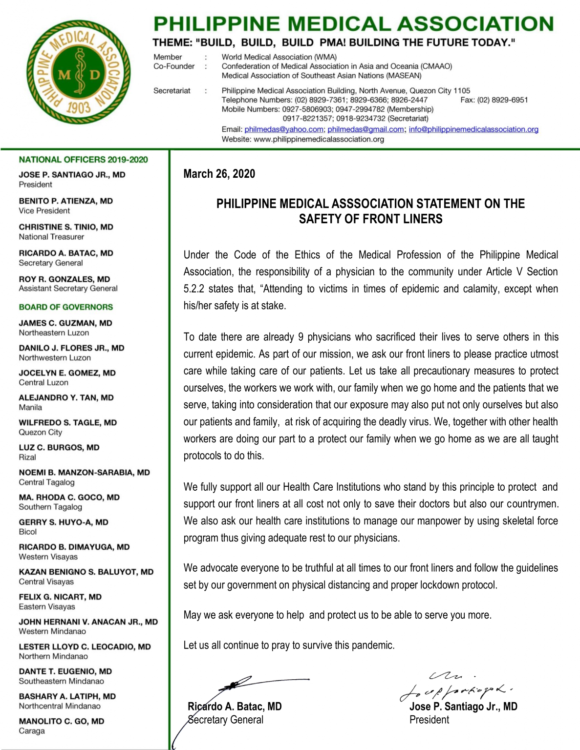 Philippine Medical Association Statement On The Safety Of Front Liners ...