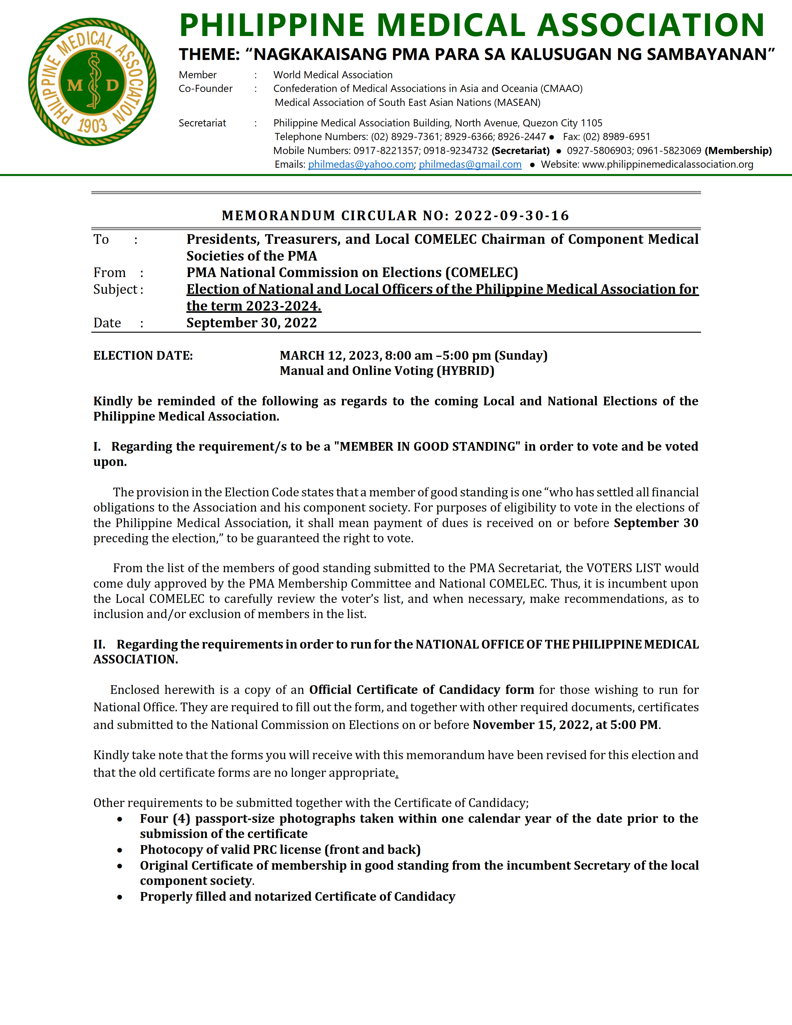 Memorandum Circular No 2022-09-30-016 : Election of National and Local ...