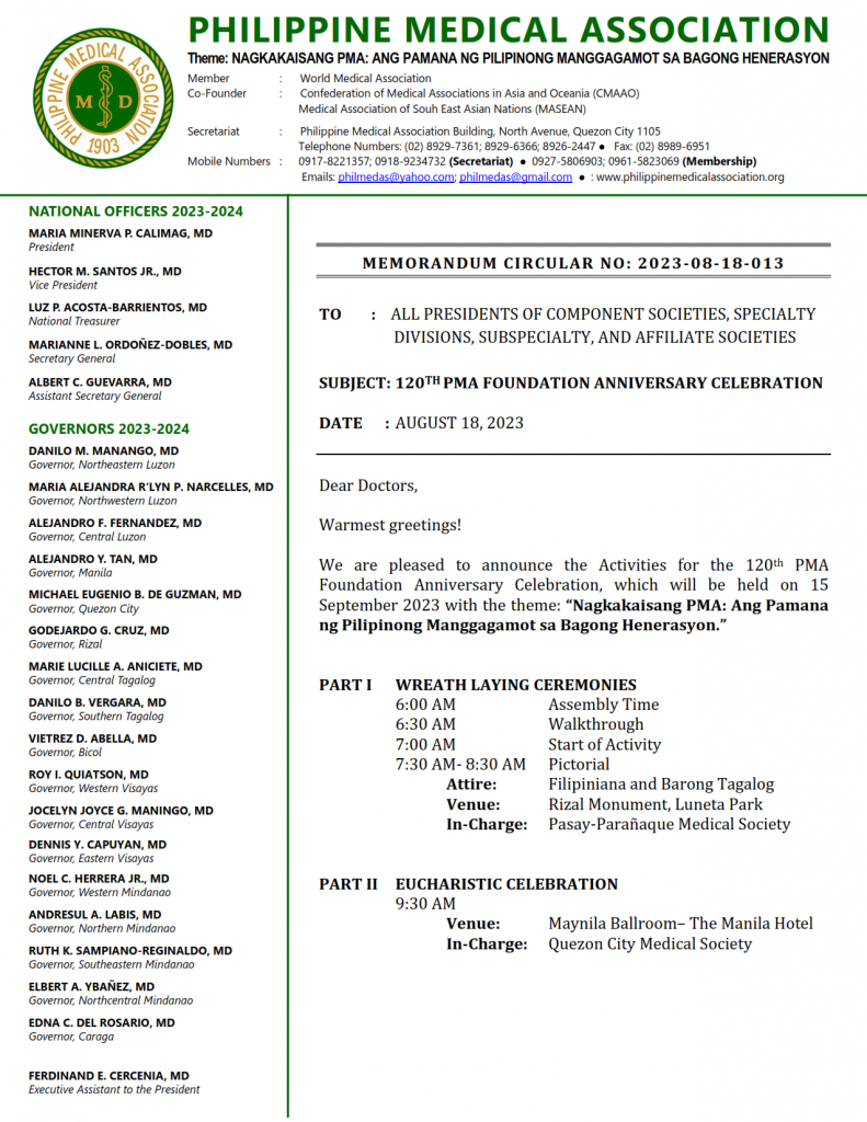 Memorandum Circular No. 2023-08-15-013 : 120th PMA Foundation Day ...